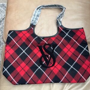 VS Victoria’s Secret Large Bag Tote Plaid Embroidered Logo NWT